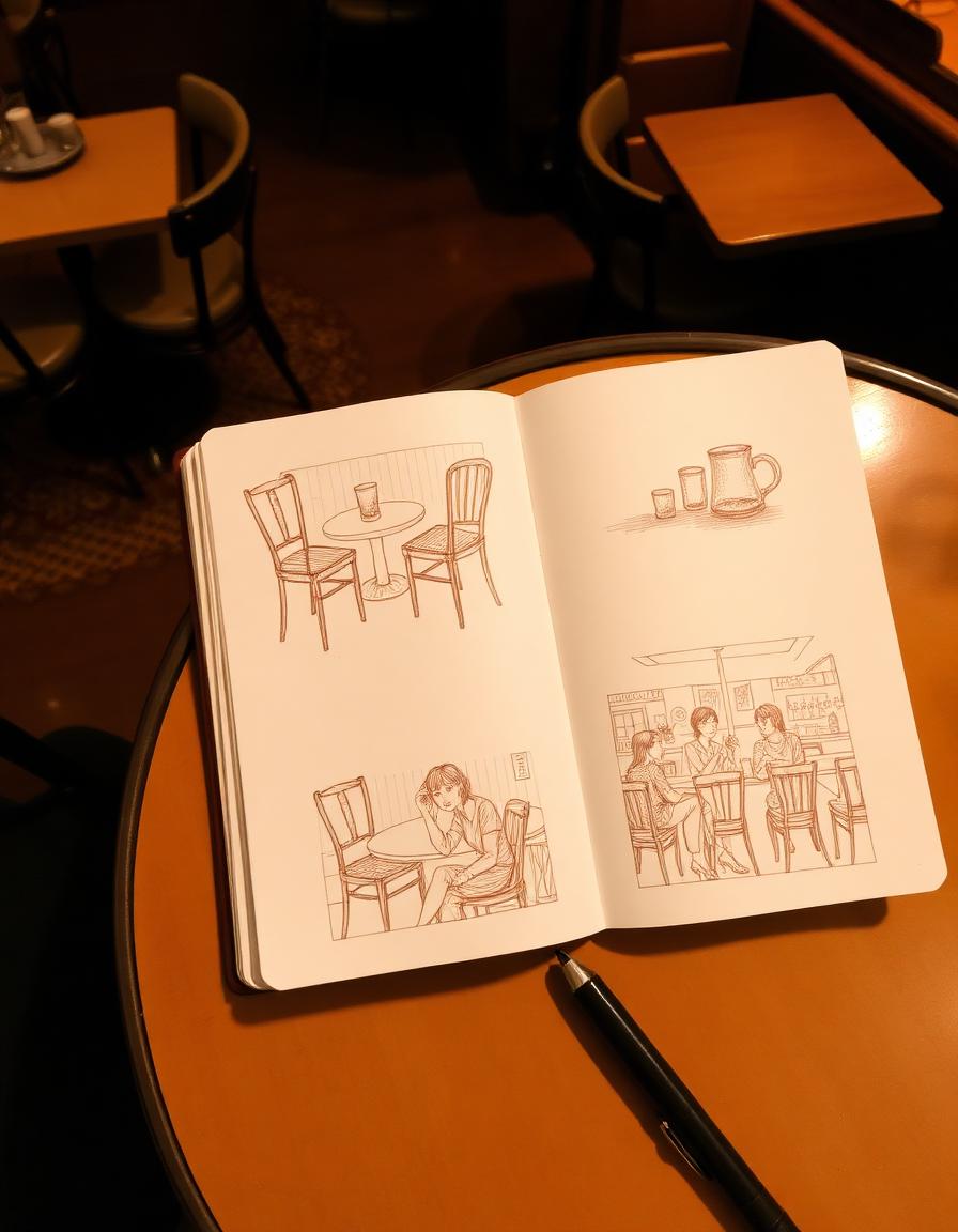 Dessin au stylo bille — Café, carnet ouvert